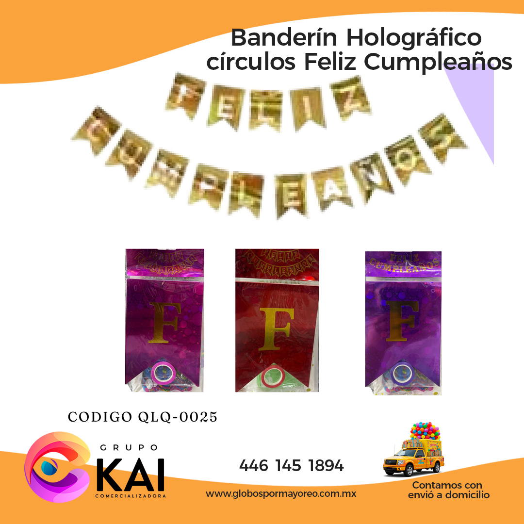 banderin holografico circulos feliz cumpleanos