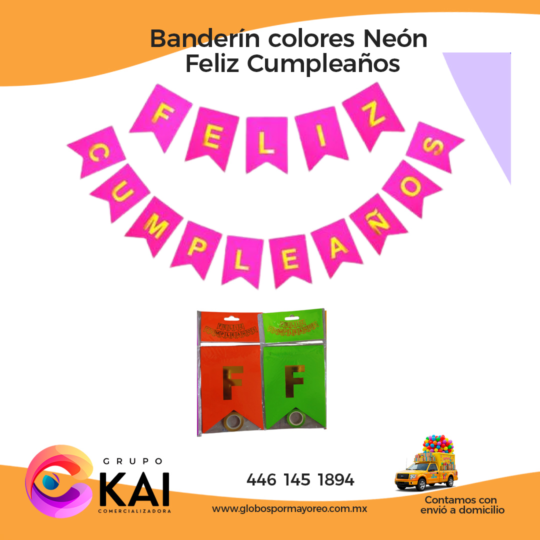 banderin color neon feliz cumpleaños